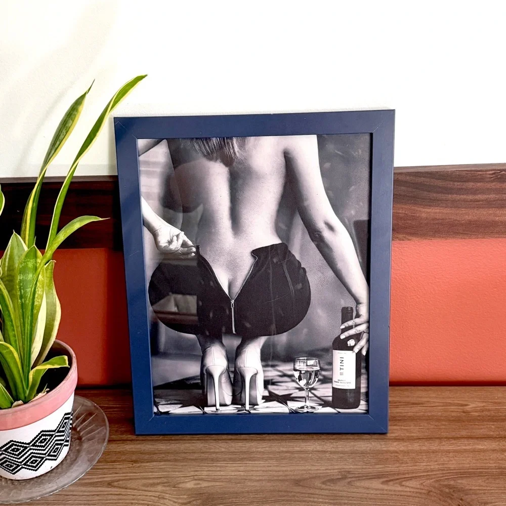 Sexy Woman Drinking Wine Unzipping Skirt Canvas Art Print Blue Framed Wall Art